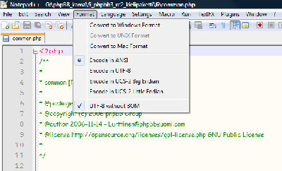 Kielipaketin merkistönkoodaus Notepad++ ohjelmassa.